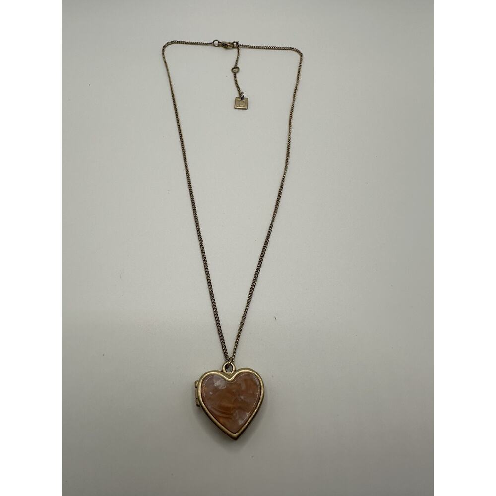 Gold Tone Chain Necklace With Faux Rose Quartz Heart Locket Signed D 16”